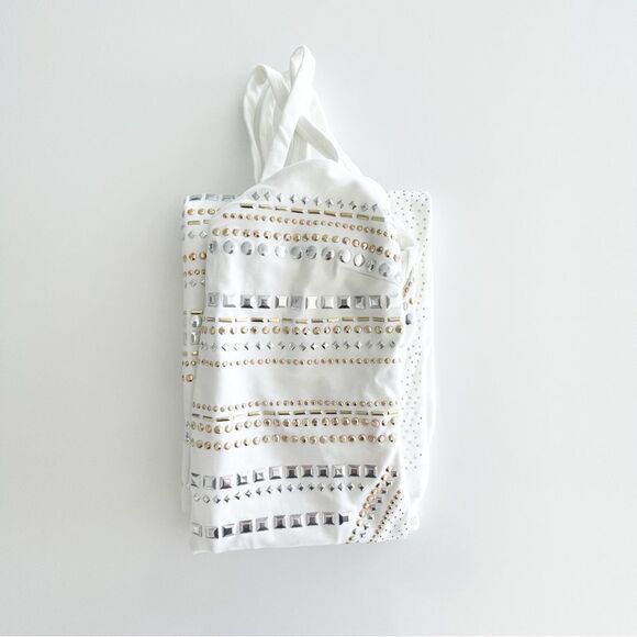 Bebe Dress Bodycon White Gold Silver Embellishments Lined Women 's M Back Zip - Picture 10 of 11